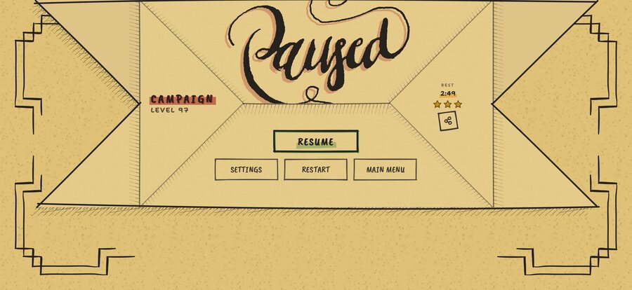 The pause screen it became: the manila page folded shut over the board.